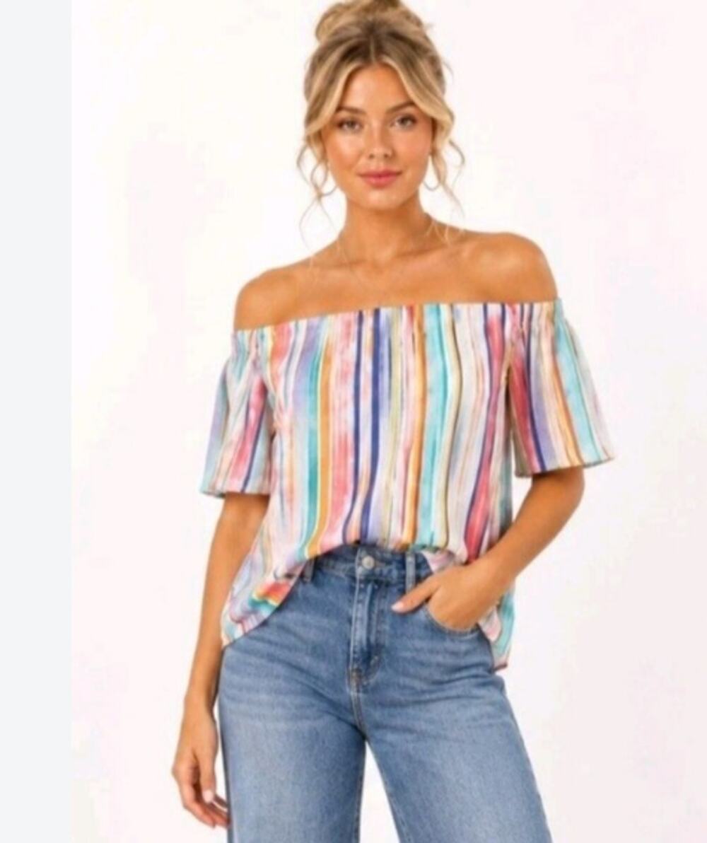 DO+BE Multicolor Striped Off Shoulder Flutter Sleeve Top Size L